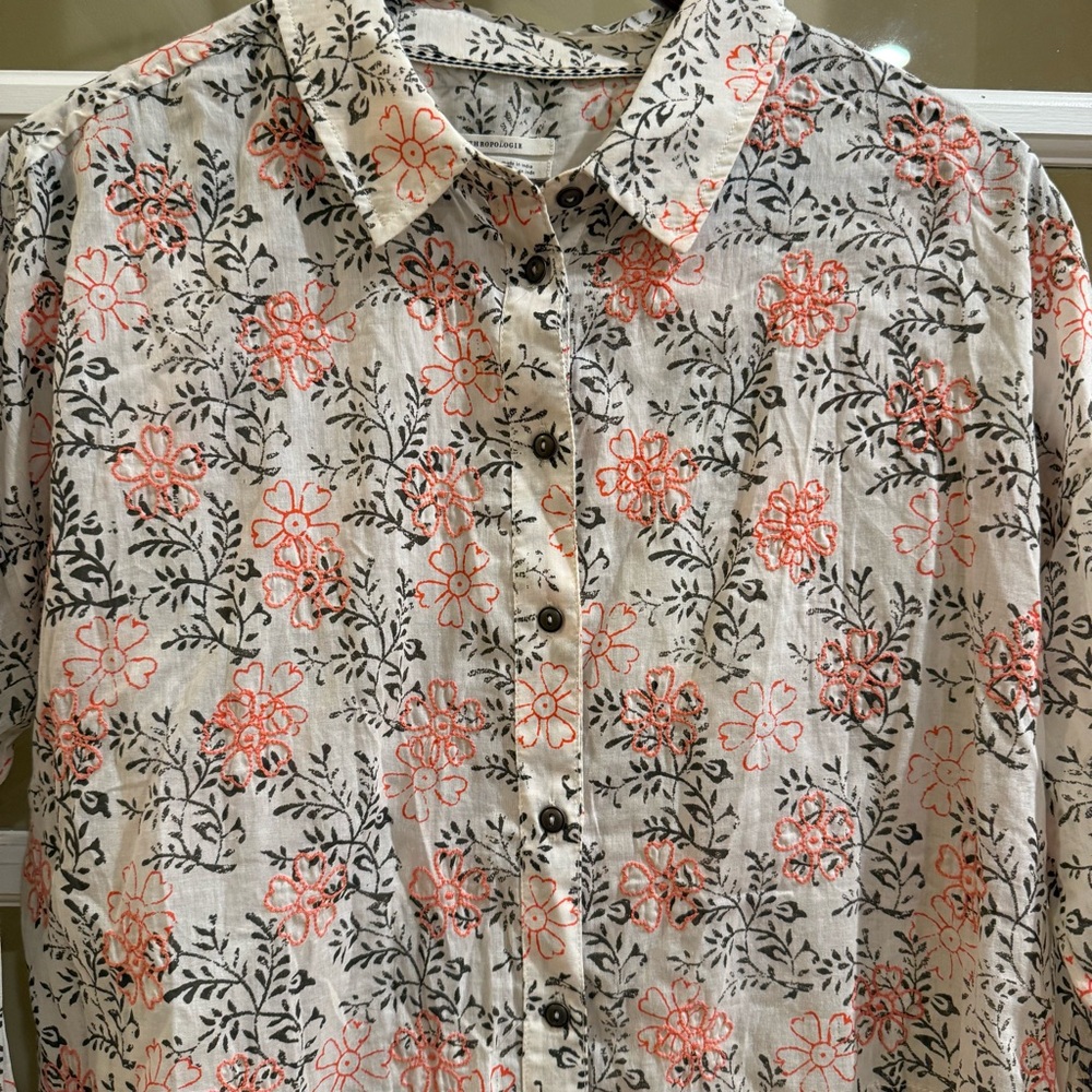 Anthropologie Enchanted Floral Embroidered Button Down Shirt Small Oversized - Picture 4 of 8